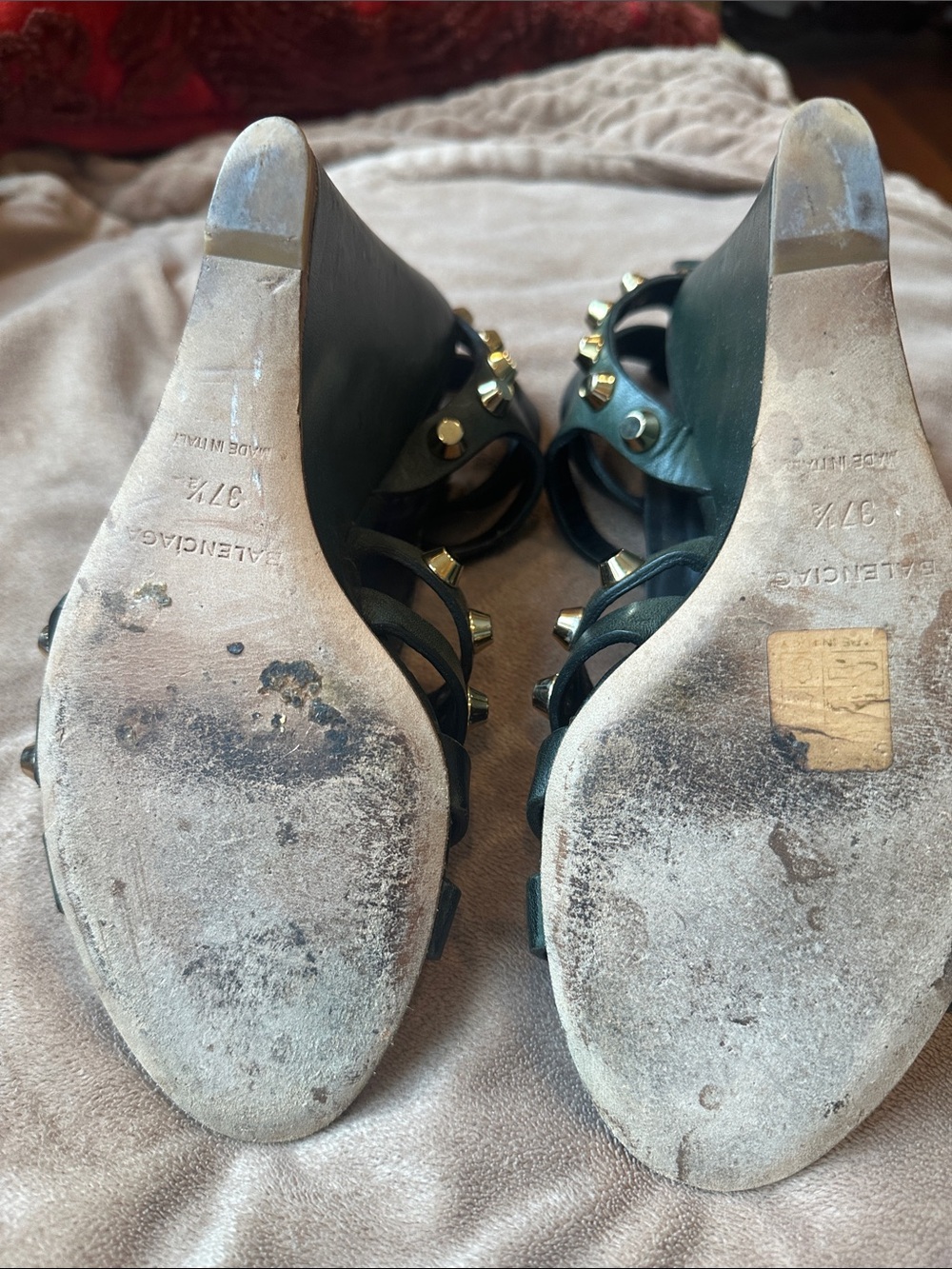 Balenciaga Olive Green Studded Wedge Sandals - Picture 9 of 12
